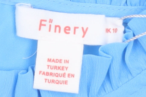 Finery Women Blue Midi Fit & Flare Dress UK 10 Ruffle Puff Sleeve
