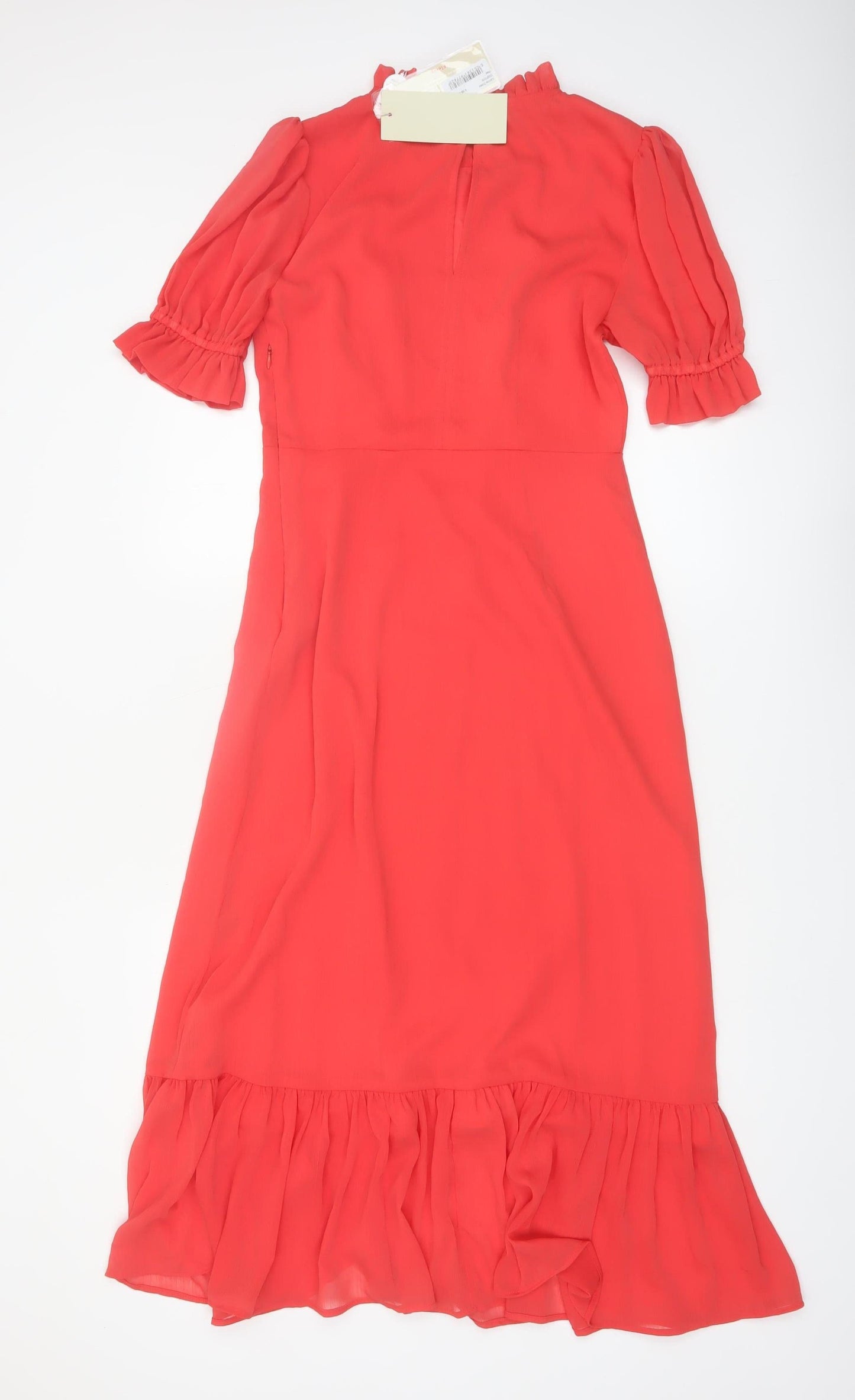 Finery Women Red Midi Fit & Flare Puff Sleeve Ruffle Dress Size 10