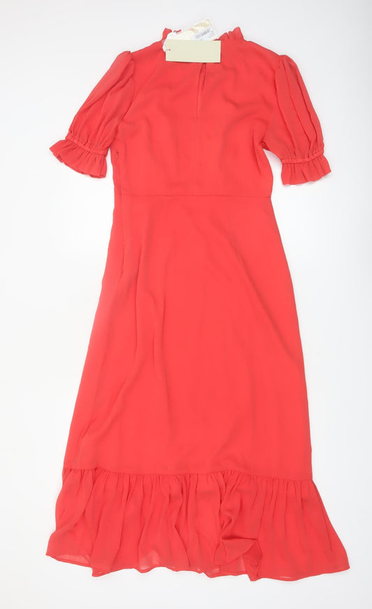 Finery Women Red Midi Fit & Flare Puff Sleeve Ruffle Dress Size 10