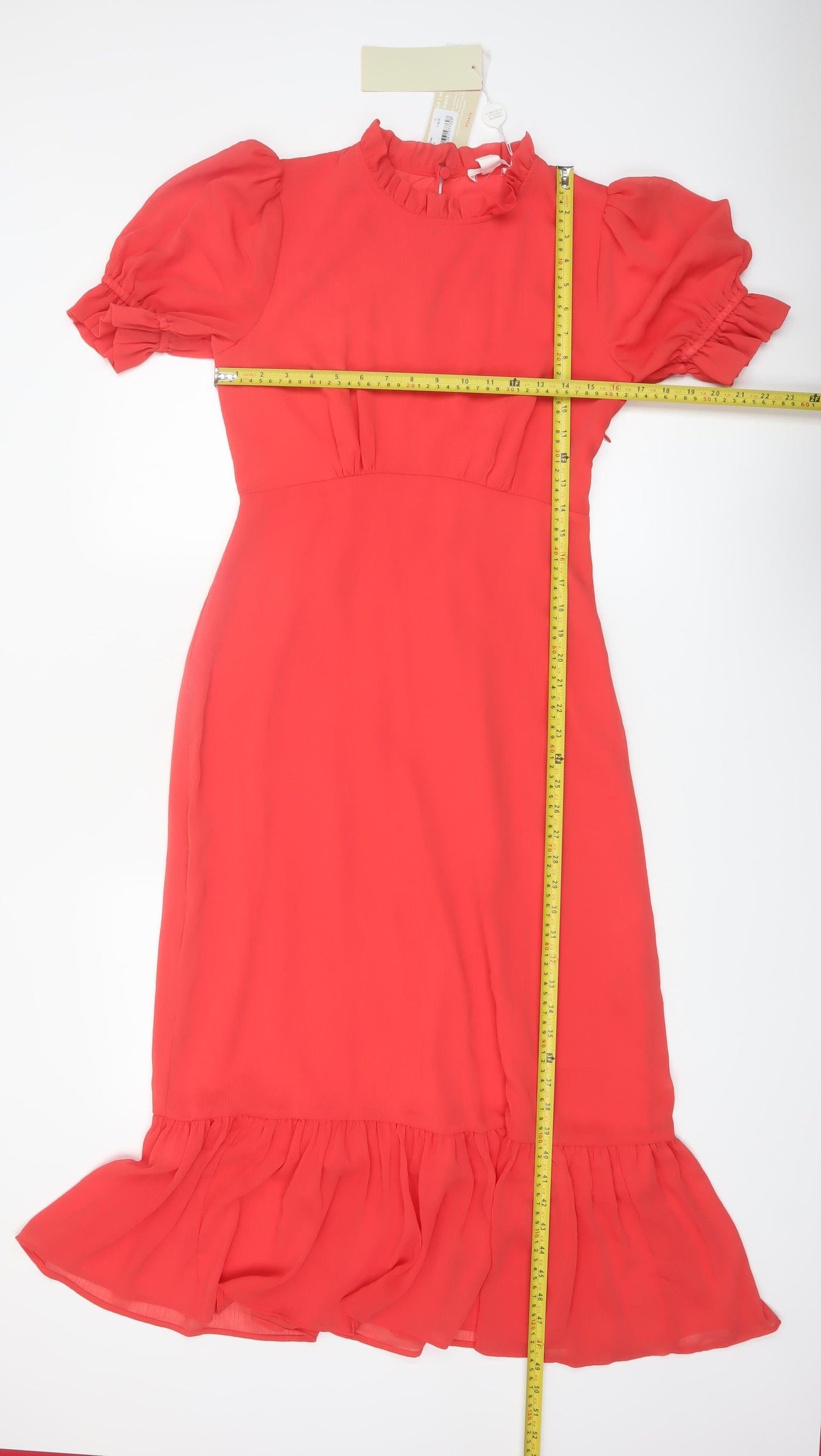Finery Women Red Midi Fit & Flare Puff Sleeve Ruffle Dress Size 10