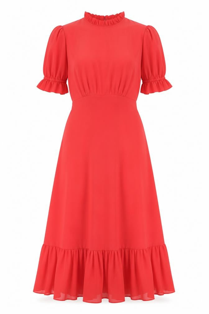 Finery Women Red Midi Fit & Flare Puff Sleeve Ruffle Dress UK 10