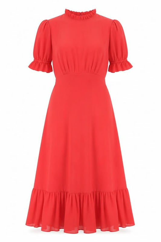 Finery Women Red Midi Fit & Flare Puff Sleeve Ruffle Dress UK 10