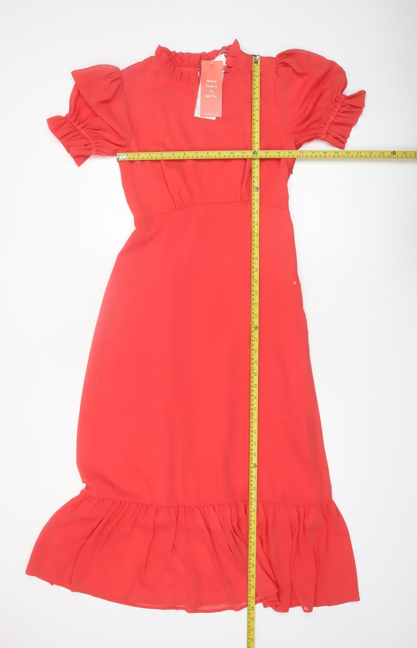 Finery Women Red Midi Fit & Flare Puff Sleeve Ruffle Dress UK 10