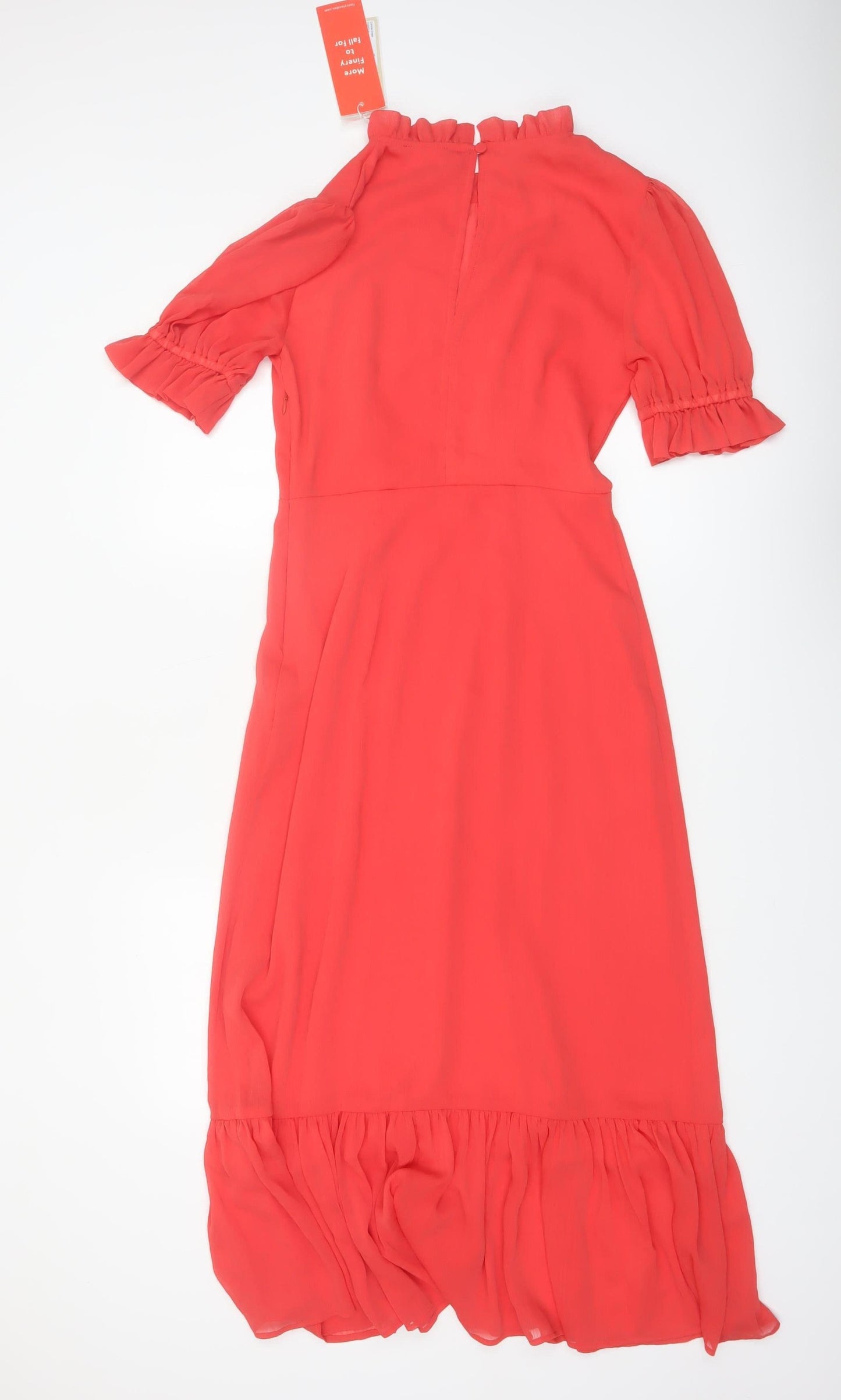 Finery Women Red Midi Fit & Flare Puff Sleeve Ruffle Dress UK 10