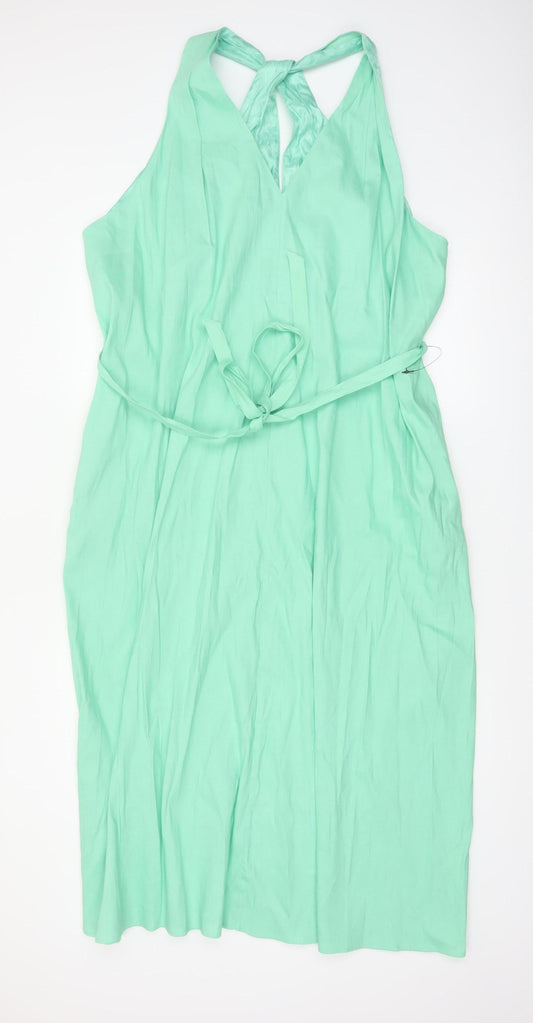 Marks and Spencer Autograph Green Linen Blend Halter Fit & Flare Plus Size 24 Dress