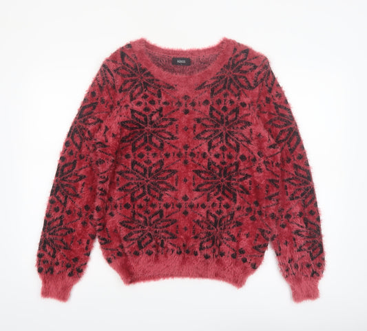 Klass Womens Red Black Fair Isle Fuzzy Pullover Jumper Size L