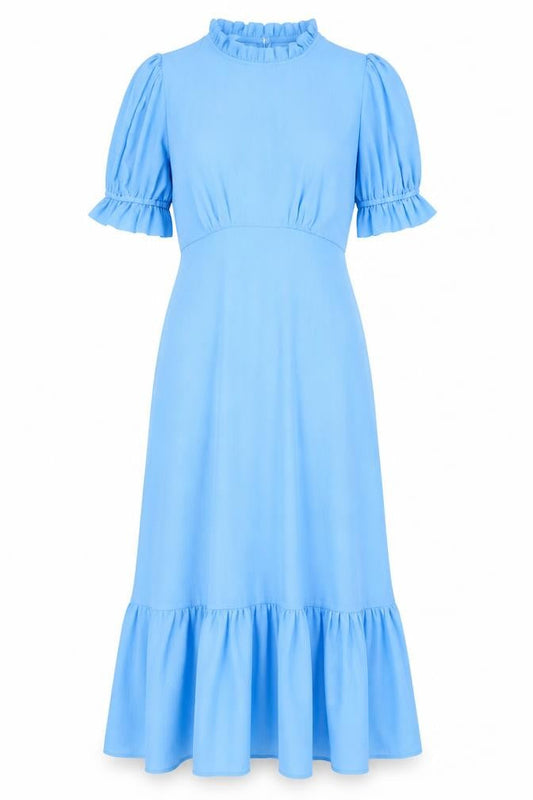 Finery Women Blue Midi Fit & Flare Dress UK 10 Short Sleeve Ruffle