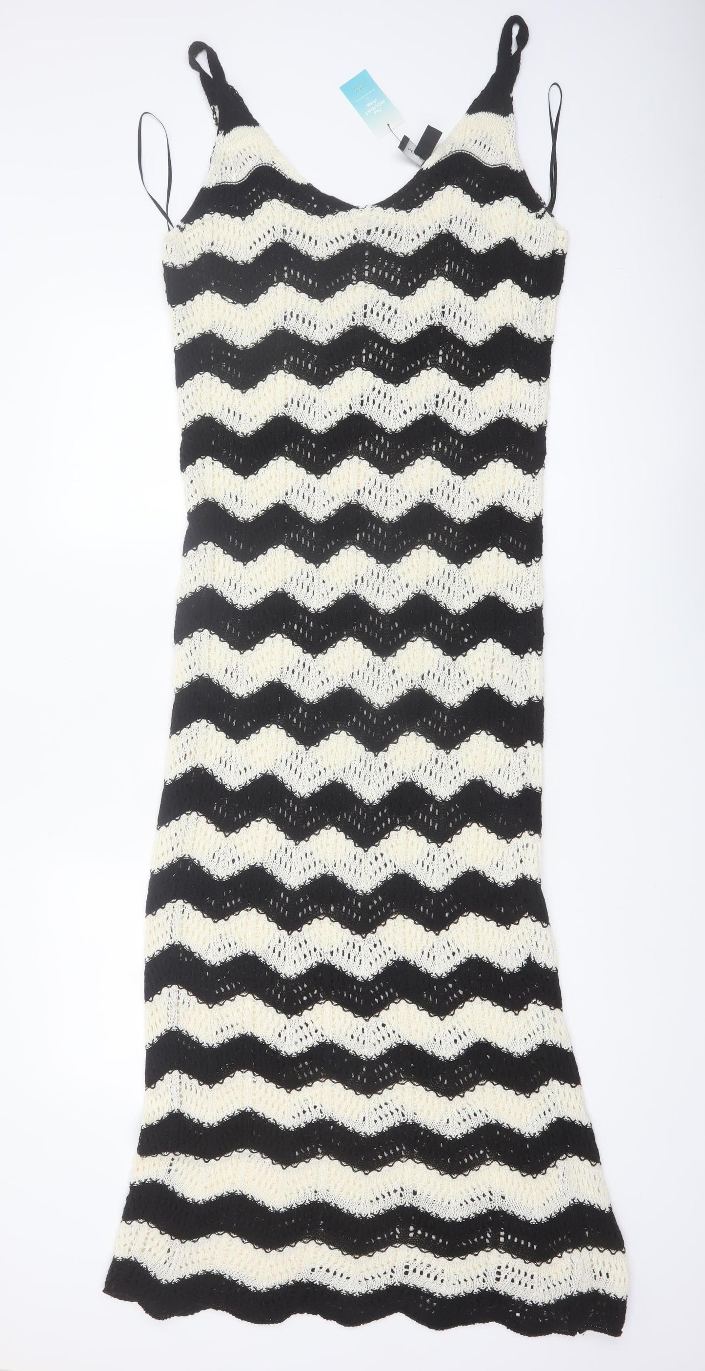 New Look Women’s Black Beige Crochet Knit Midi Slip Dress Size M