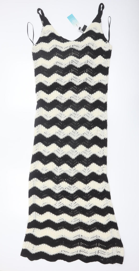 New Look Women’s Black Beige Crochet Knit Midi Slip Dress Size M