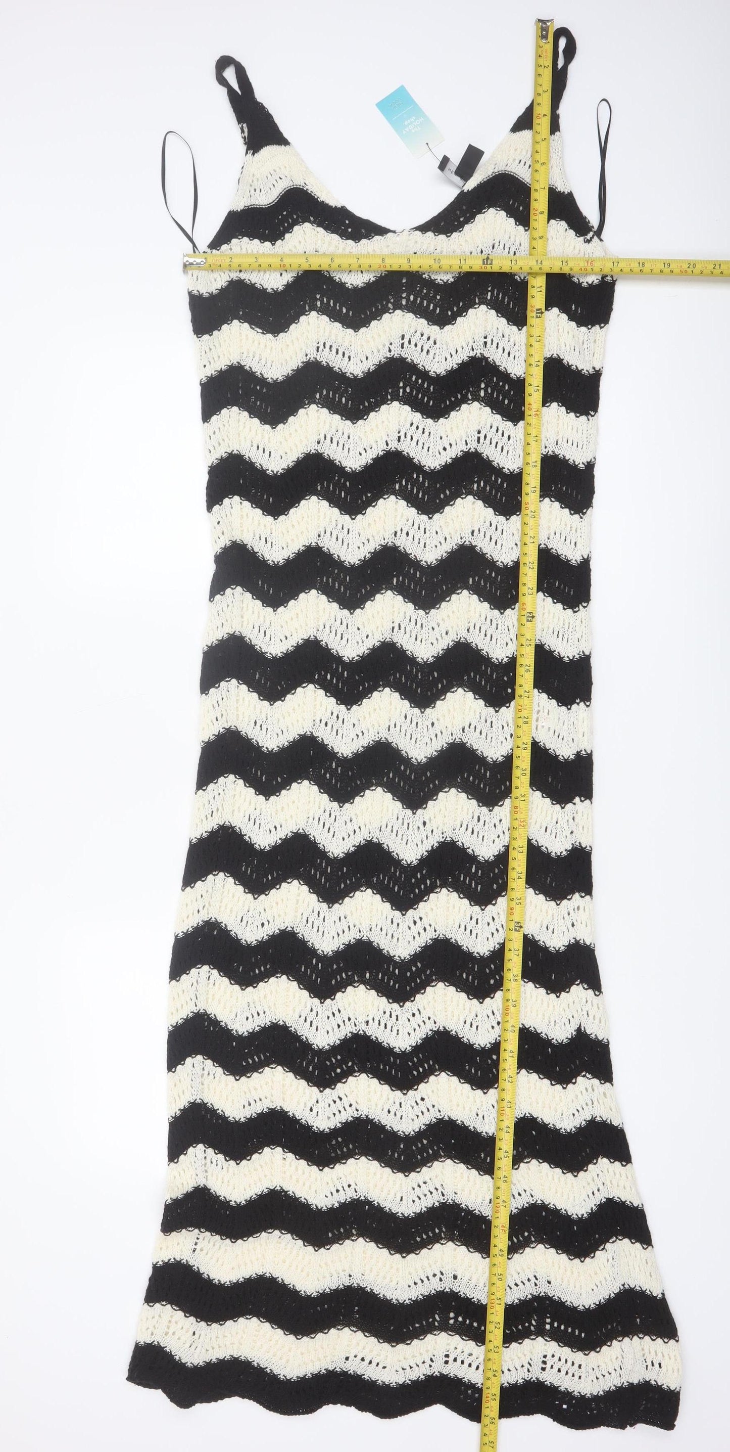 New Look Women’s Black Beige Crochet Knit Midi Slip Dress Size M