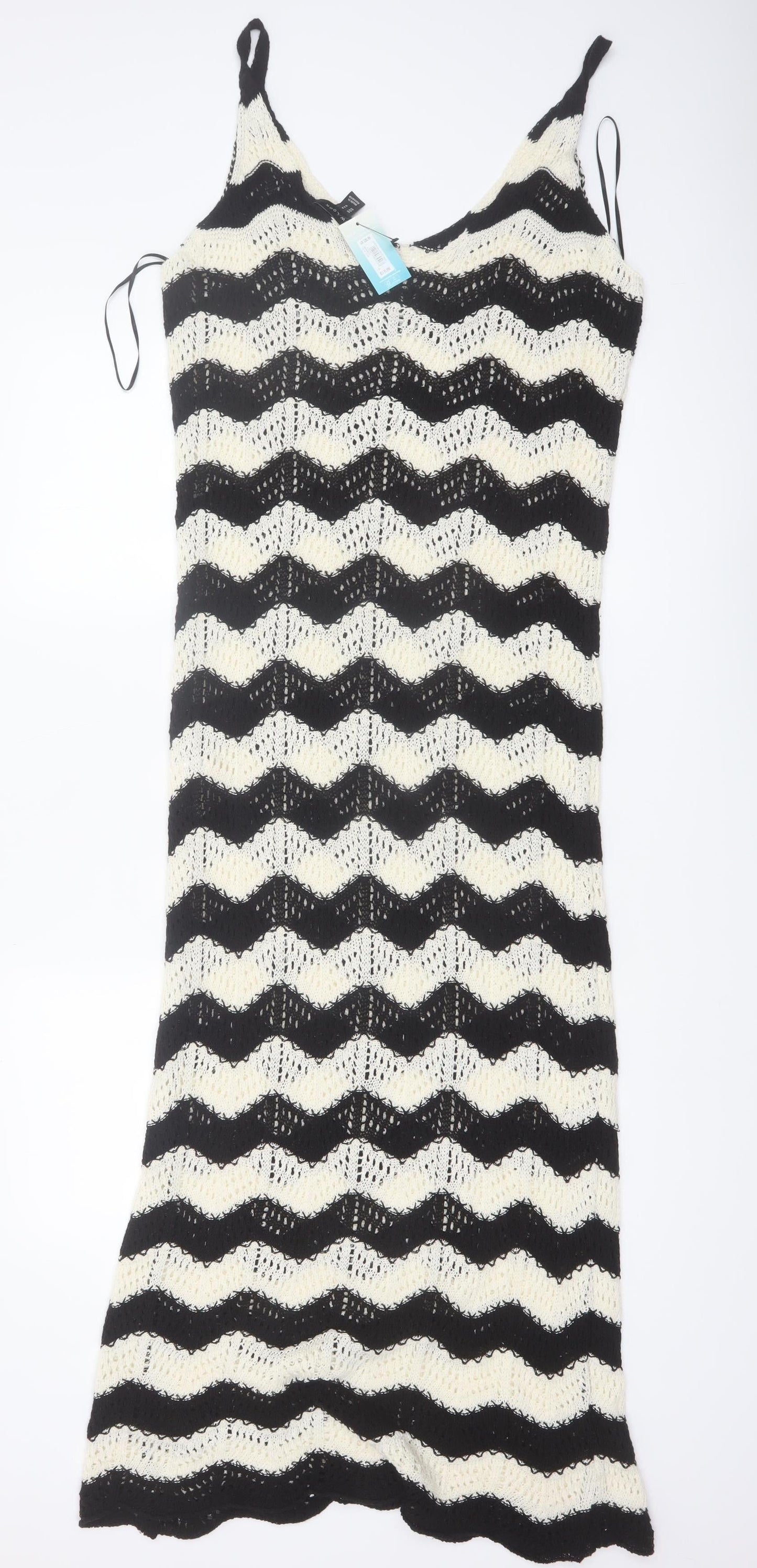 New Look Women’s Black Beige Crochet Knit Midi Slip Dress Size M