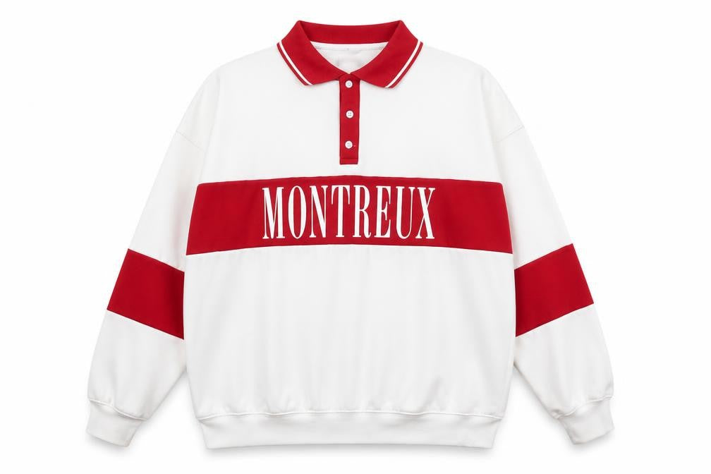 H&M Men’s White Red Montreux Graphic Collared Henley Sweatshirt M