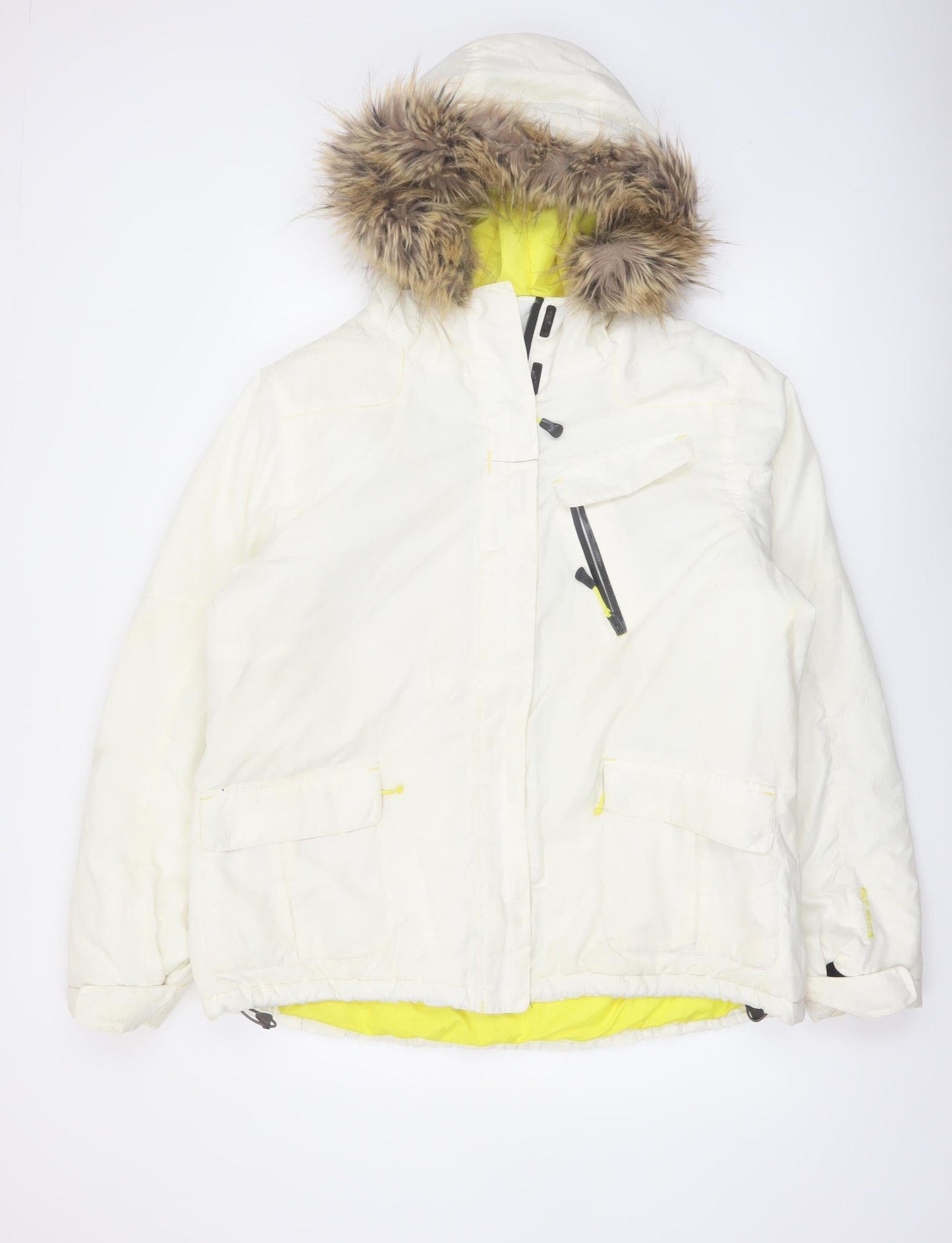 Fat Face Women White Faux Fur Hooded Ski Jacket Size 18 Waterproof Warm