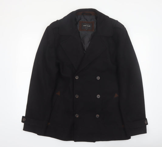River Island Men's Black Wool Pea Coat L Classic Winter Jacket