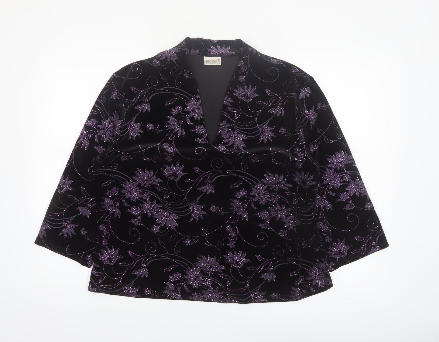 Roman Originals Womens Black Purple Velvet Floral Tunic Blouse XL