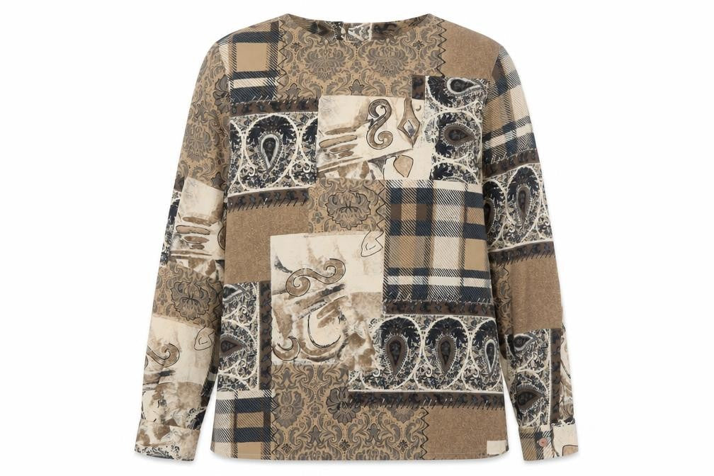 Alfred Dunner Women's Beige Paisley Patchwork Long Sleeve Tunic Blouse Size 10