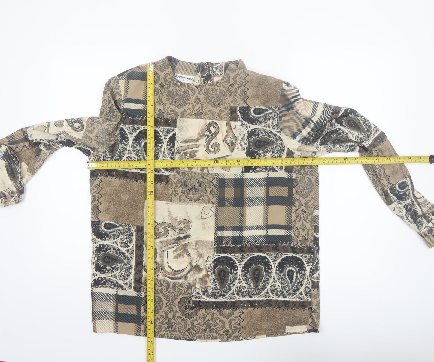 Alfred Dunner Women's Beige Paisley Patchwork Long Sleeve Tunic Blouse Size 10