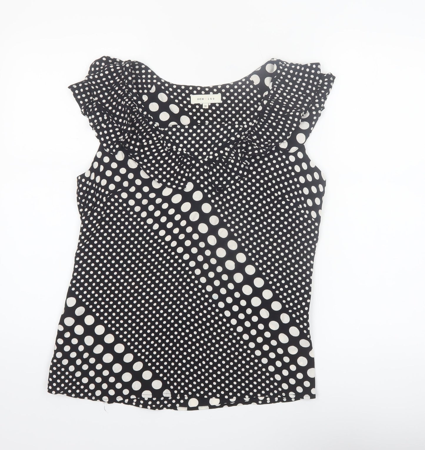 Kew 159 Women Black Polka Dot Sleeveless Ruffle Tunic Blouse Size 10