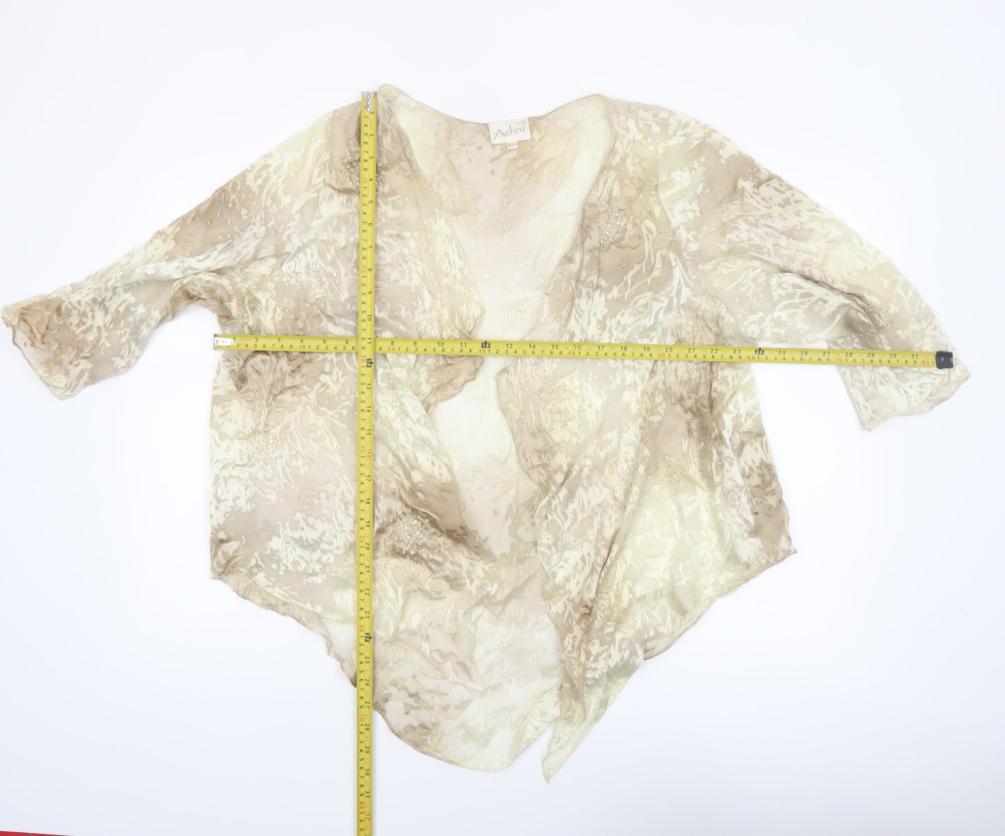 Adini Women’s Beige Silk Kimono Style 3/4 Sleeve Sheer Blouse M