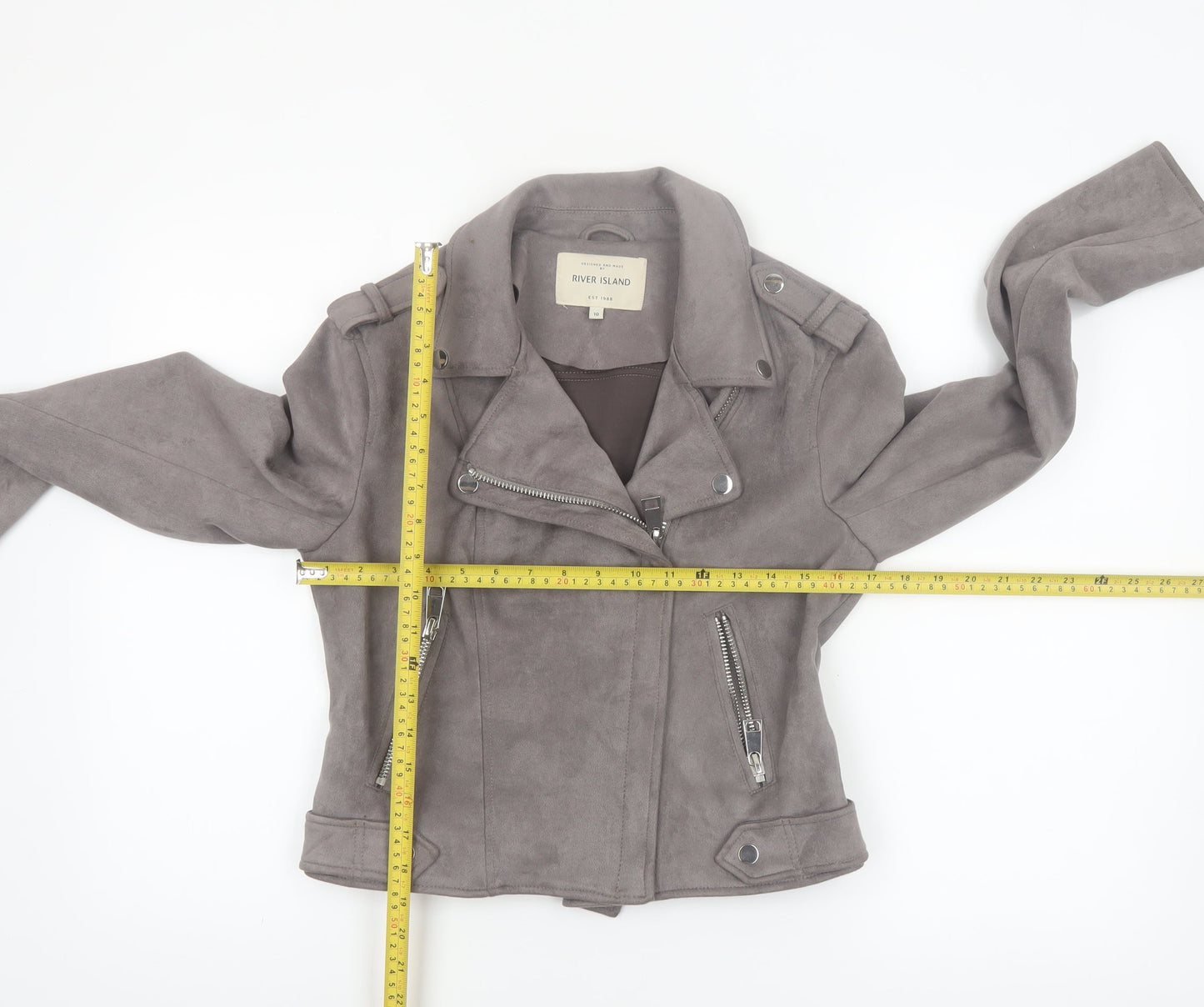 River Island Women's Grey Suede Biker Jacket Size 10 Slim Fit