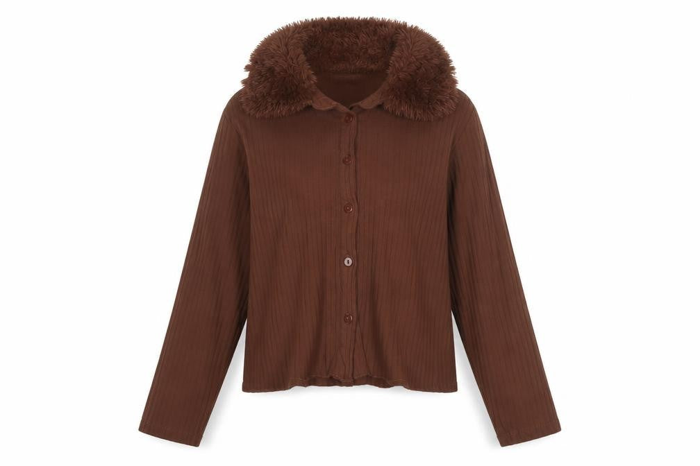 Select Girl Brown Faux Fur Collar Button-Up Long Sleeve Blouse 14 Years