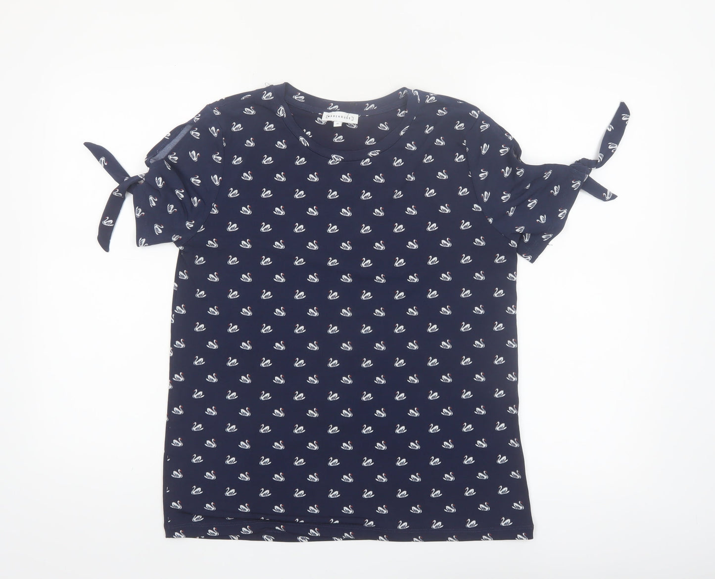Warehouse Womens Blue Swan Print Tie Sleeve T-Shirt Size 10