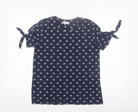Warehouse Womens Blue Swan Print Tie Sleeve T-Shirt Size 10