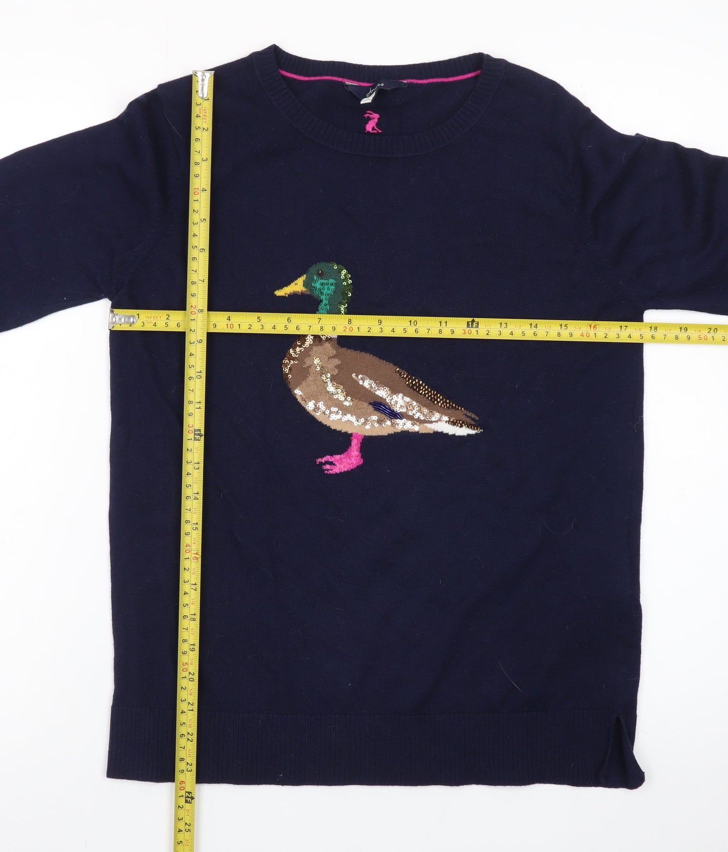 Joules Women's Blue Sequin Duck Jumper UK 10 Cotton Knit Crew Neck
