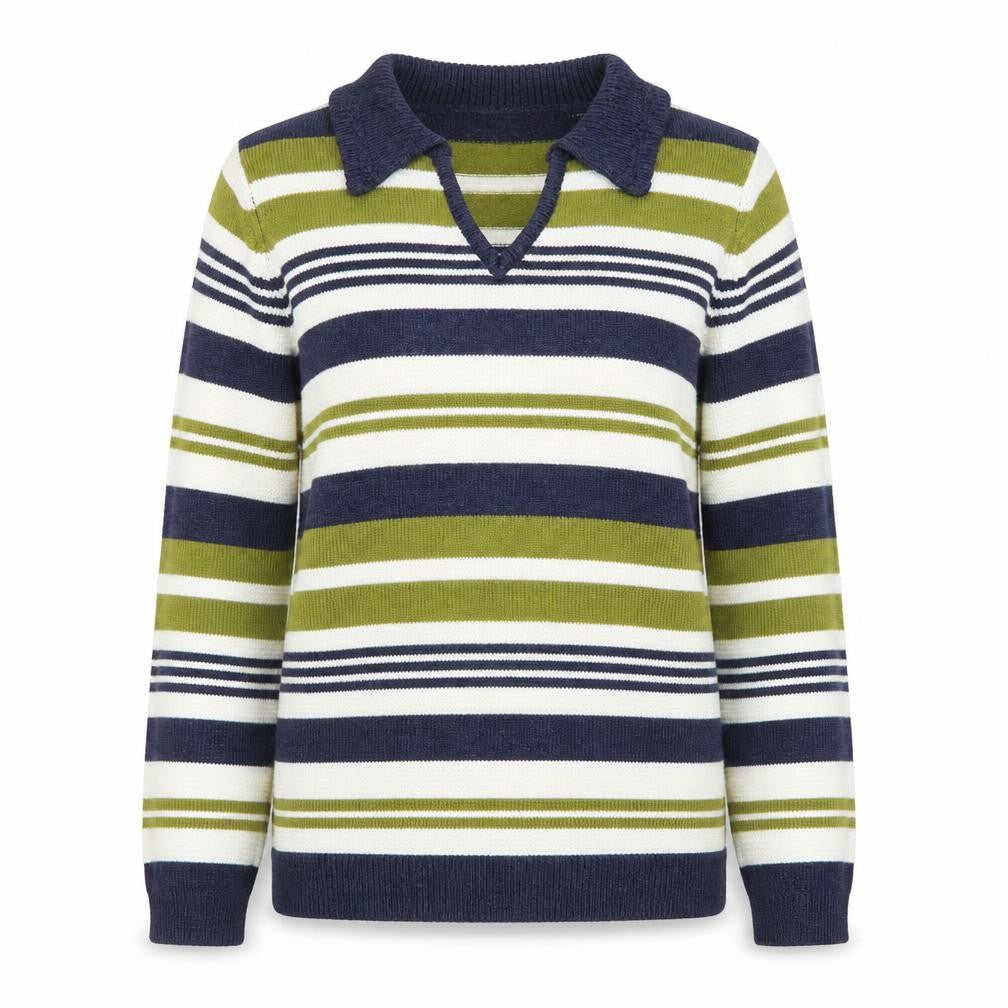 Isle Women Blue Green Striped Collared Pullover Jumper Size S 10-12