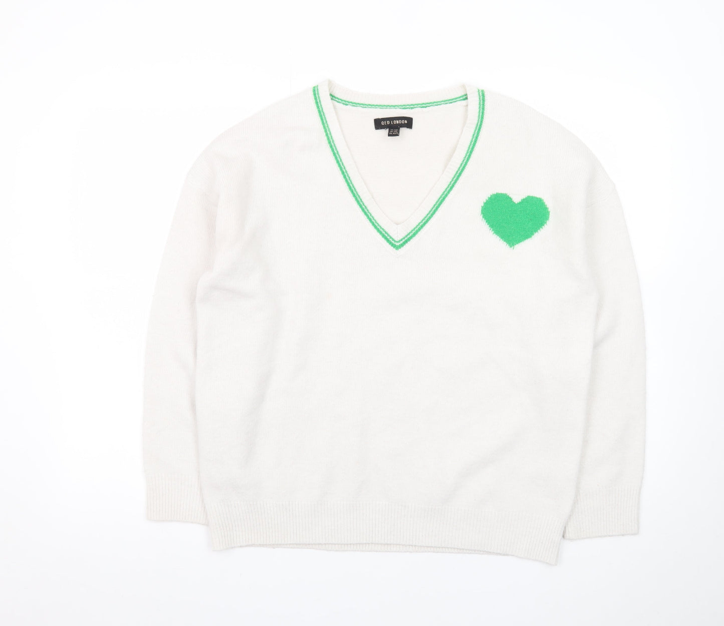 QED London Women's White V-Neck Heart Pullover Jumper Size S