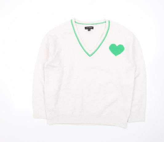 QED London Women's White V-Neck Heart Pullover Jumper Size S