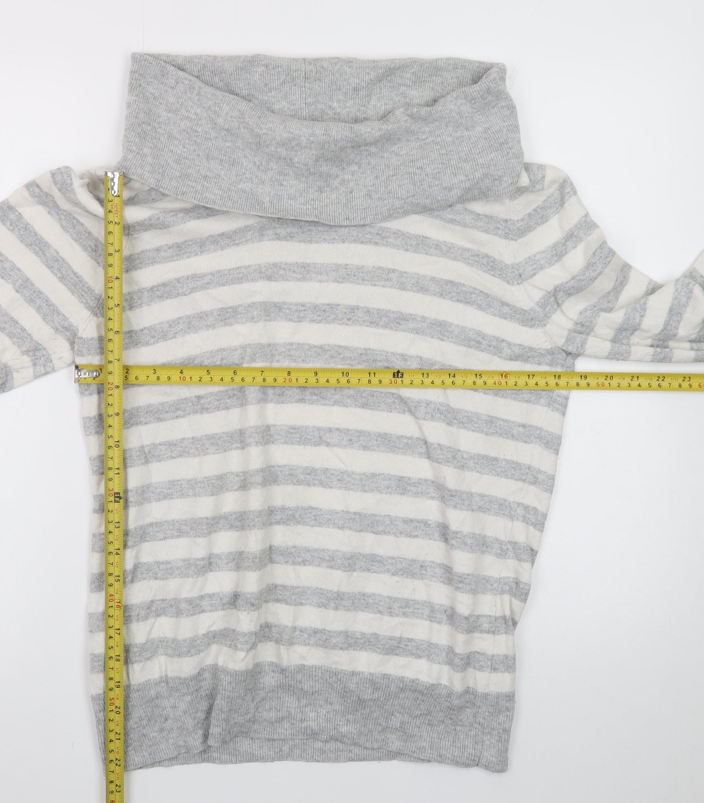 CC Women Grey Striped Cowl Neck Jumper XL Cotton Cashmere Blend