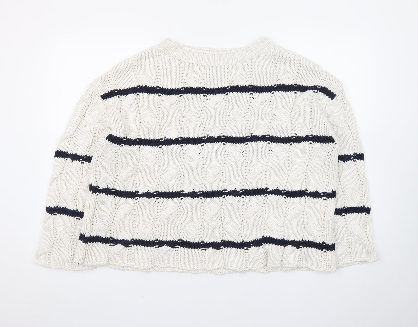 Zara Women Ivory Navy Striped Cable-Knit Cotton Jumper Size S