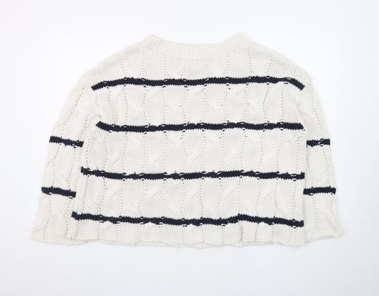 Zara Women Ivory Navy Striped Cable-Knit Cotton Jumper Size S