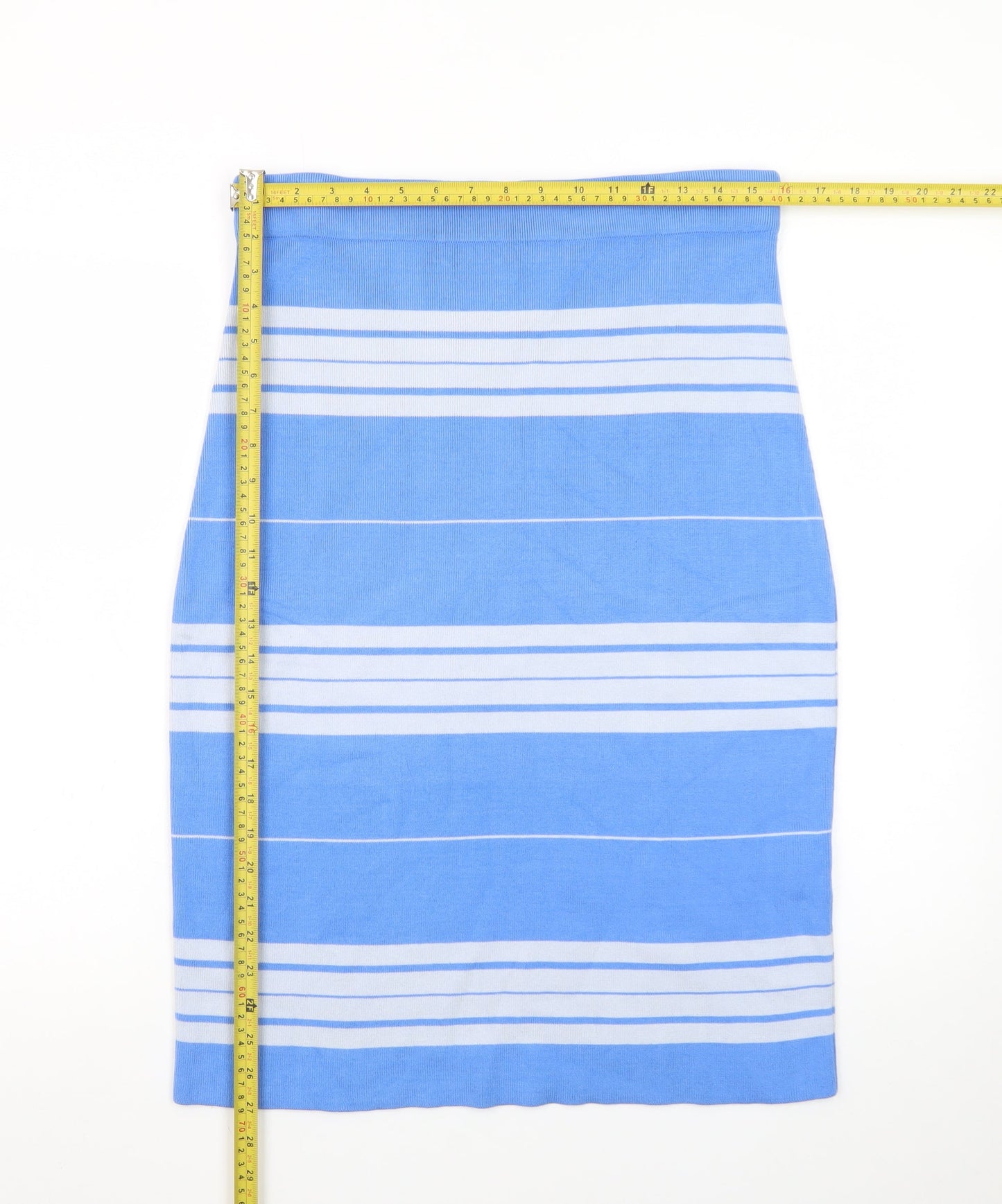 WoolOvers Women Blue Striped Knit Pencil Skirt M Stretch Cotton