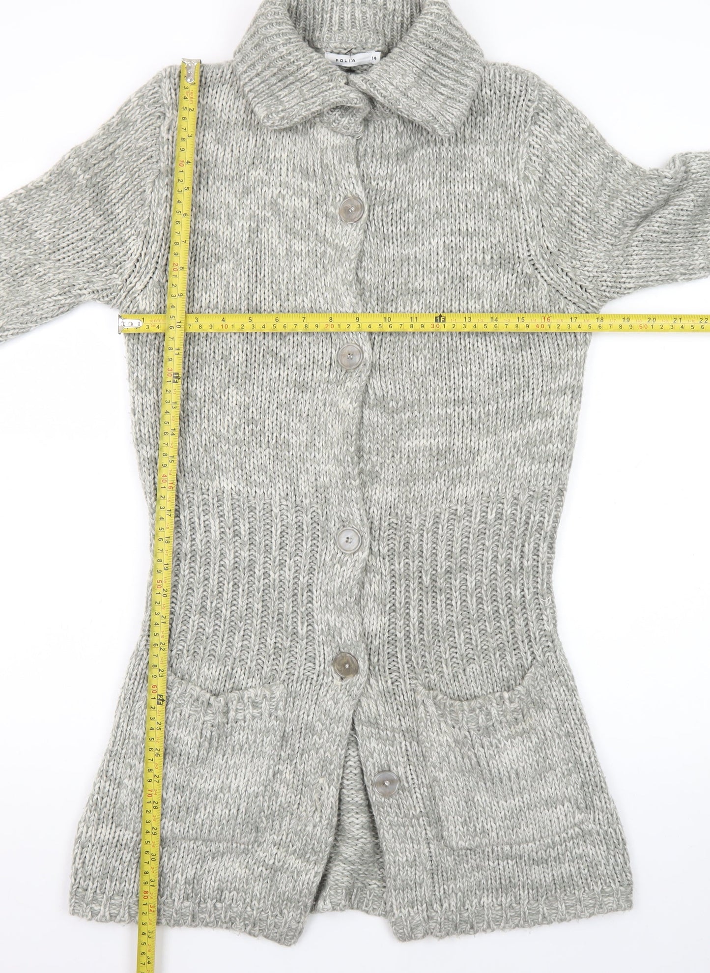 Folia Women Grey Long Sleeve Knit Cardigan Size 14 Collared Button Front
