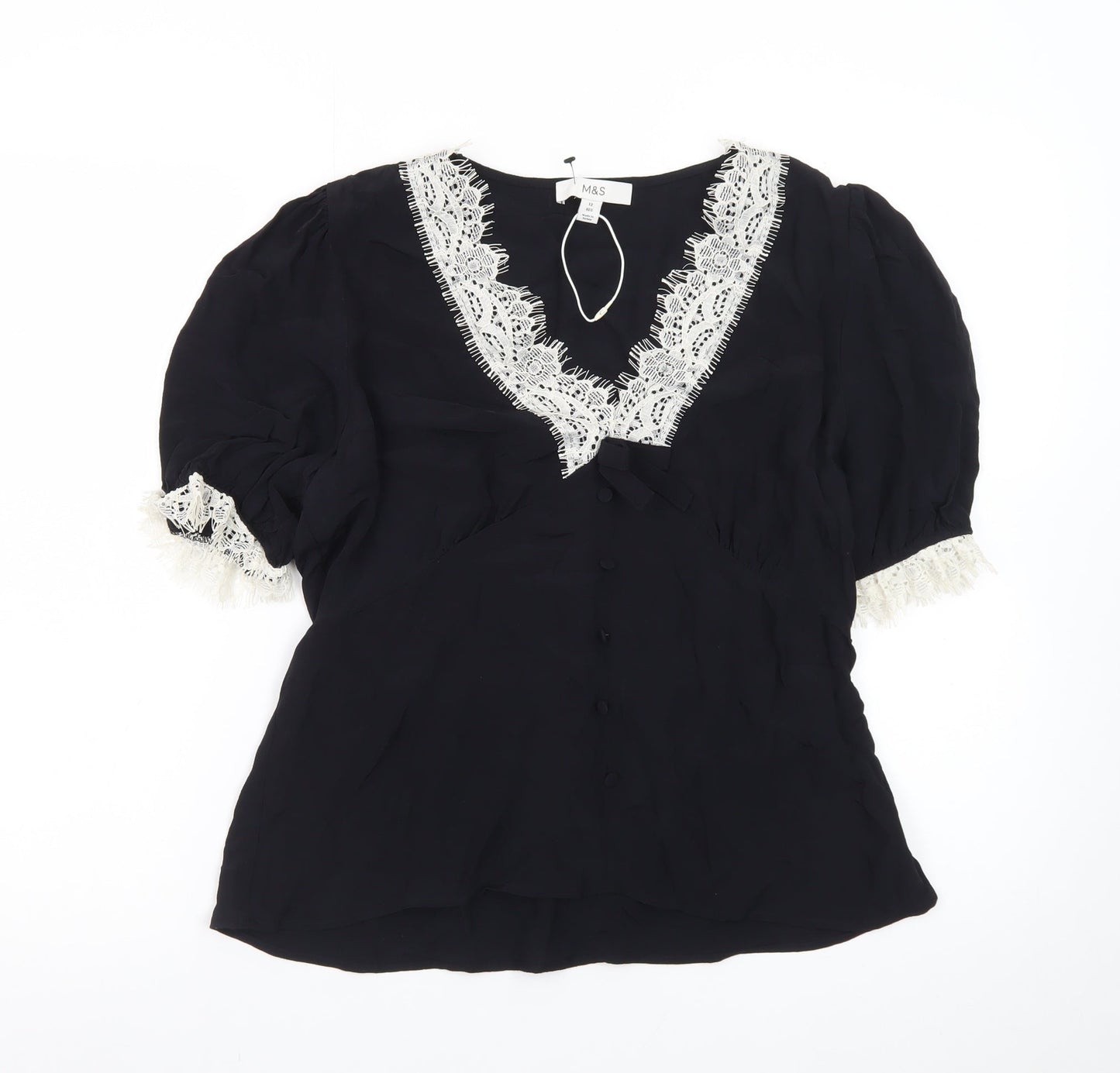 Marks and Spencer Women’s Black Lace Trim Puff Sleeve Blouse Size 12