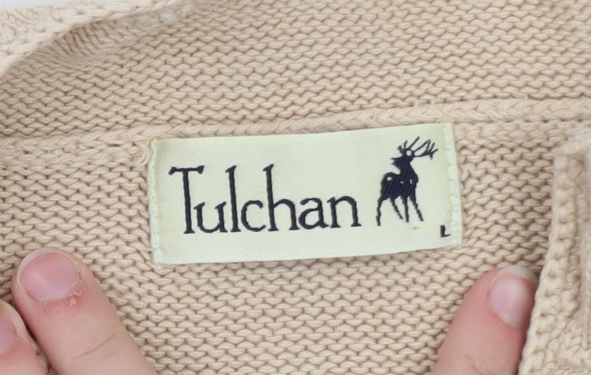 Tulchan Women Beige Cotton Leaf Embroidered 1/4 Zip Jumper L