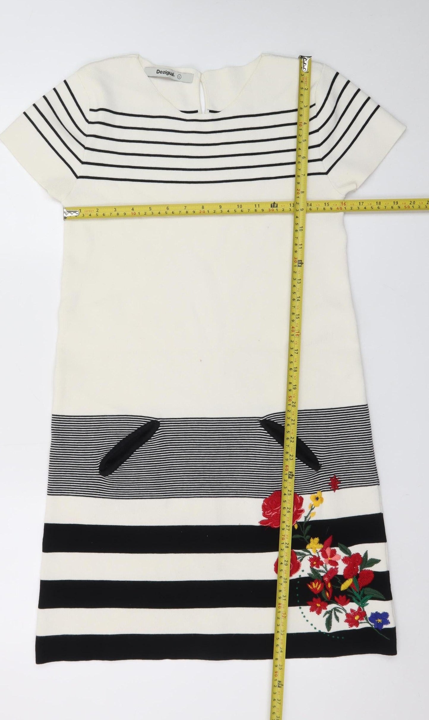 Desigual Women White Striped Shift Dress L Embroidered Floral