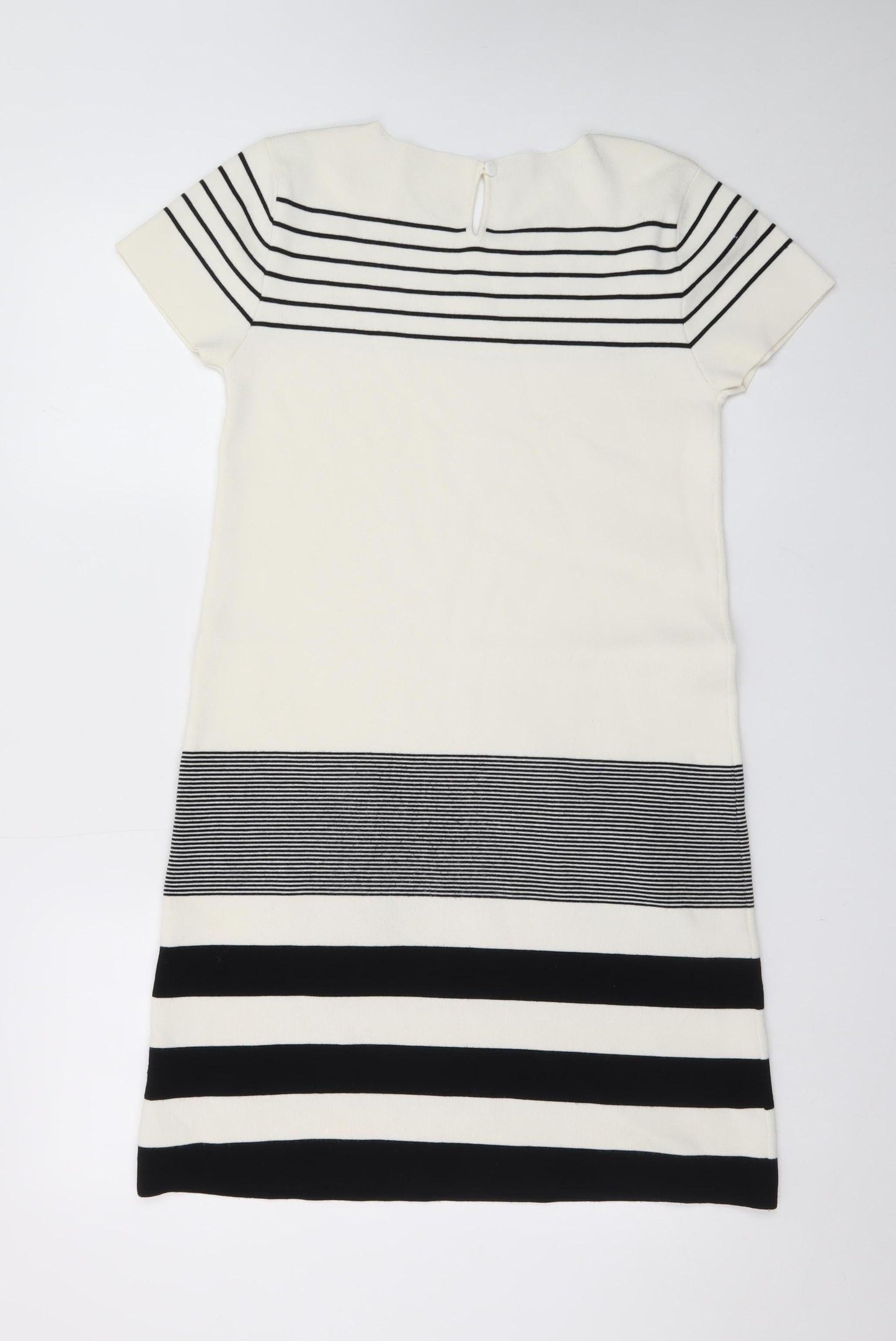Desigual Women White Striped Shift Dress L Embroidered Floral