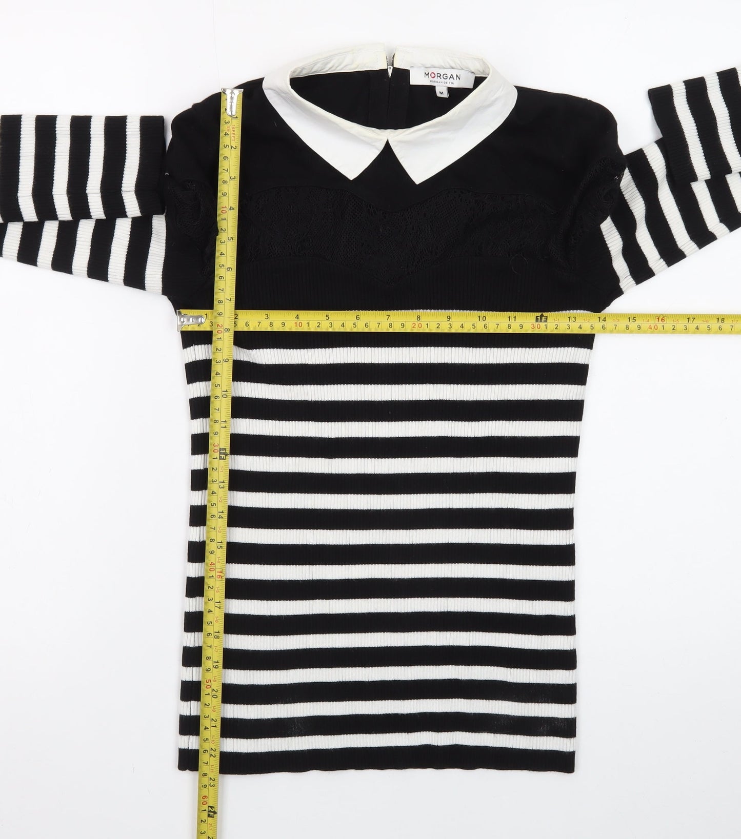 Morgan Women’s Black Striped Collared Lace Trim Long Sleeve Pullover Jumper M