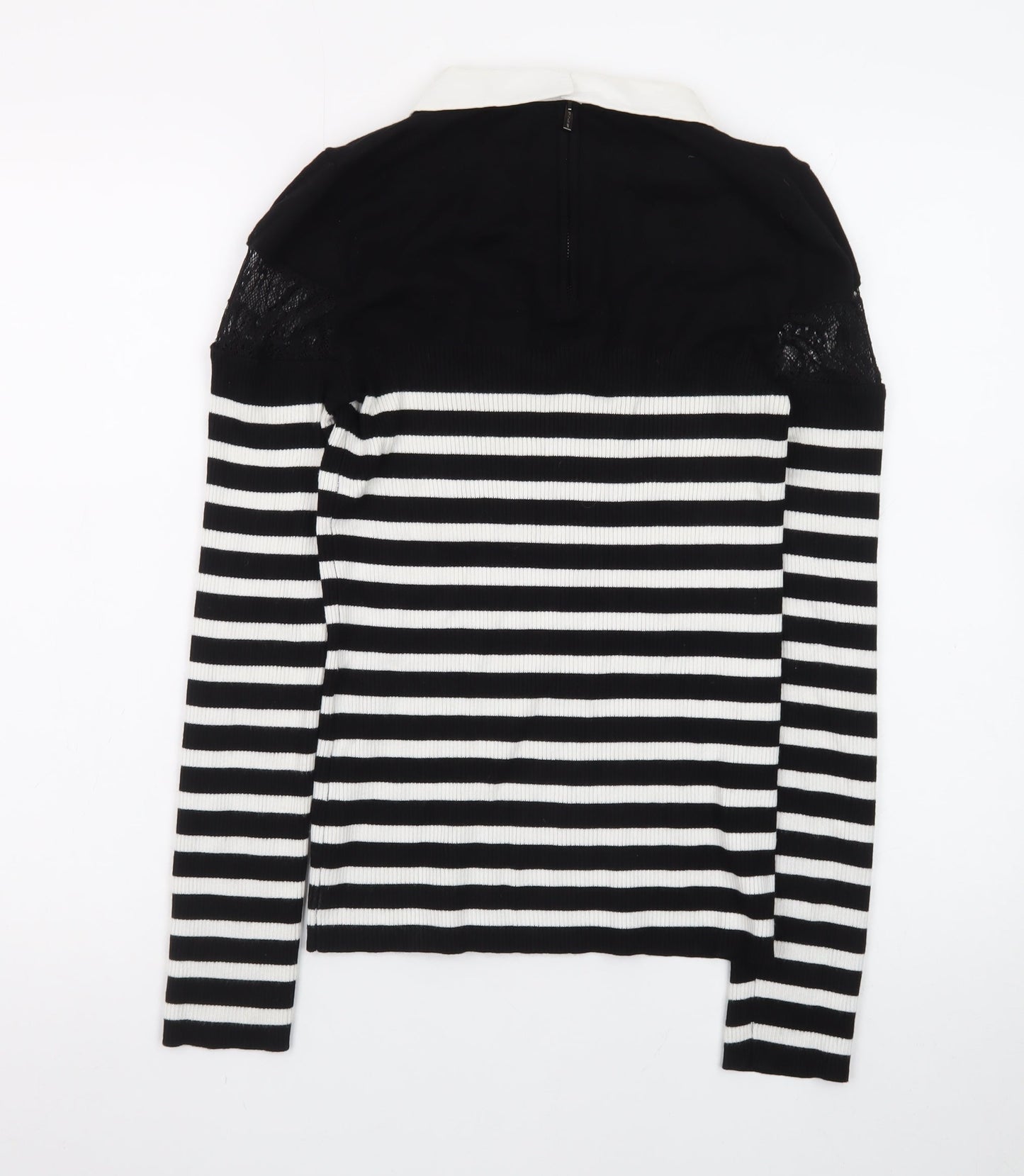 Morgan Women’s Black Striped Collared Lace Trim Long Sleeve Pullover Jumper M