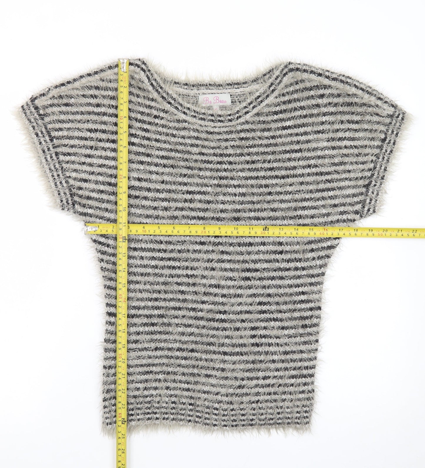 Be Beau Women Grey Striped Short Sleeve Chunky Knit Pullover Jumper Size 10