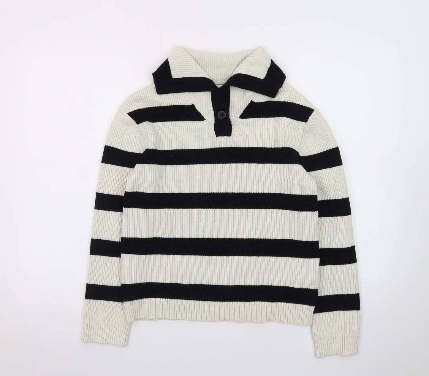 Zara Teens Black White Striped Collared Henley Knit Jumper XS
