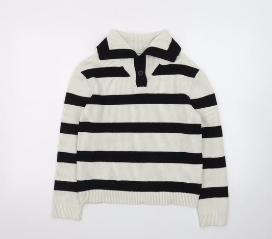 Zara Teens Black White Striped Collared Henley Knit Jumper XS