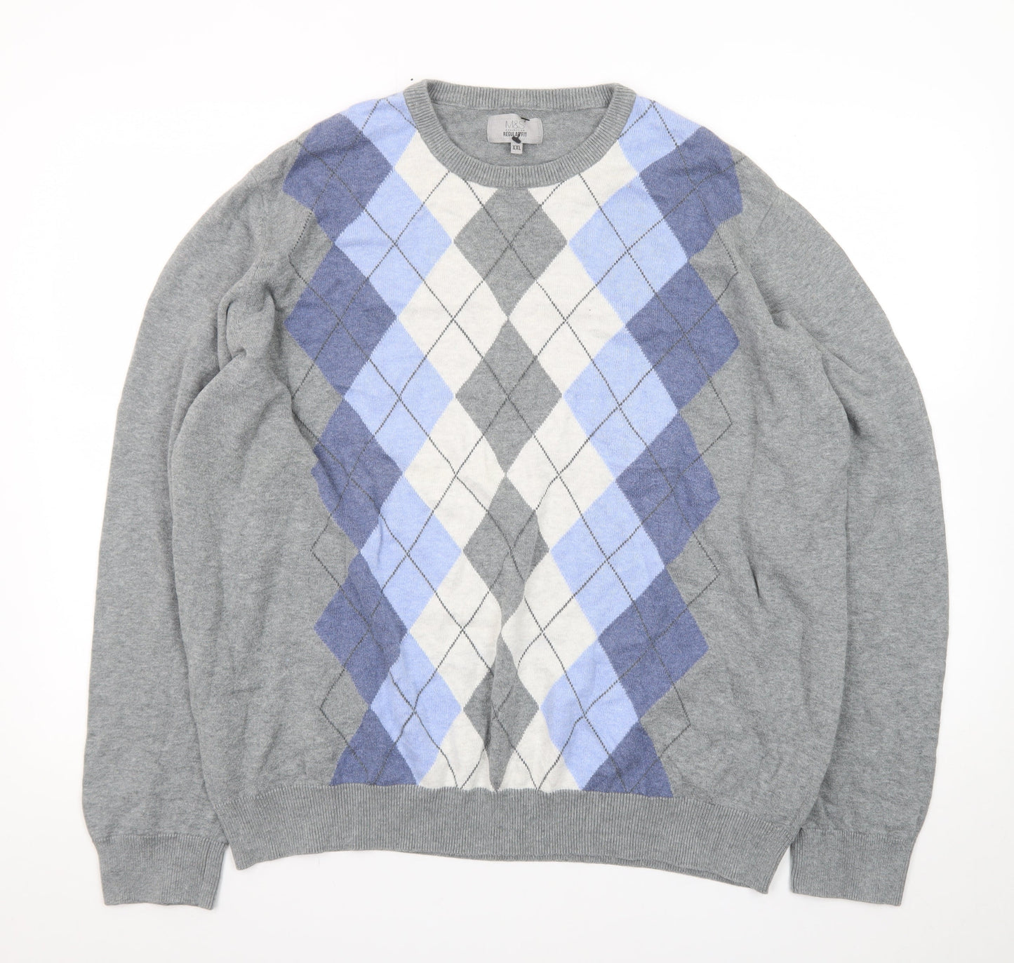 Marks and Spencer Men’s Grey Argyle Cotton Pullover Jumper 2XL