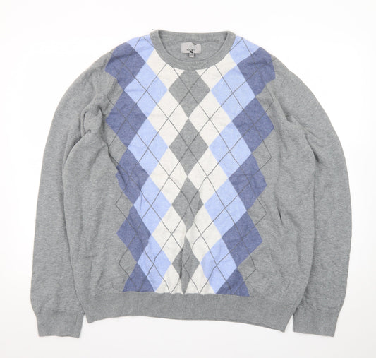 Marks and Spencer Men’s Grey Argyle Cotton Pullover Jumper 2XL
