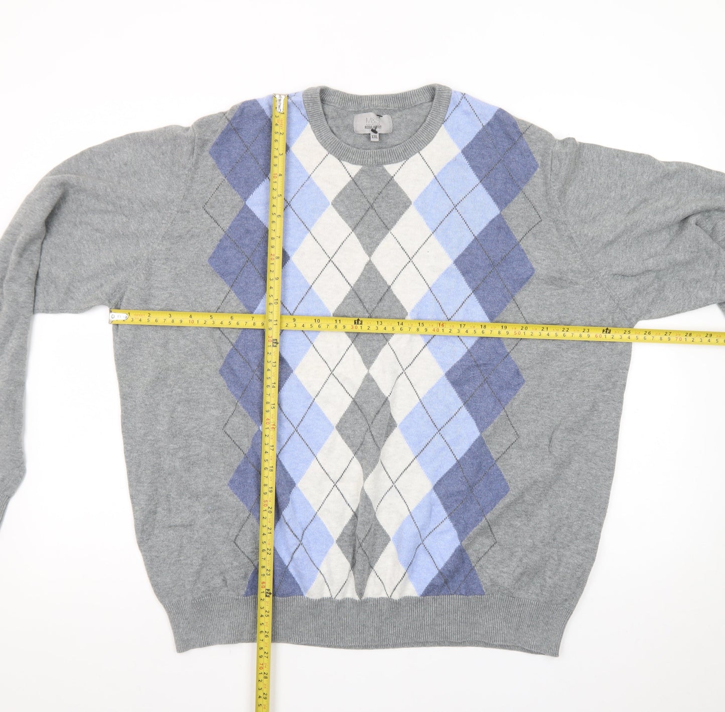 Marks and Spencer Men’s Grey Argyle Cotton Pullover Jumper 2XL