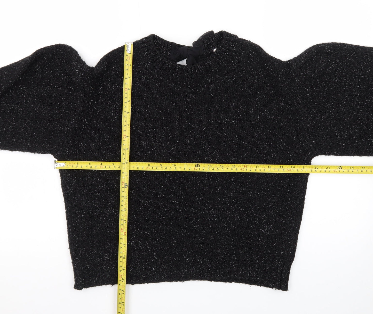 Tu Women's Black Metallic Puff Sleeve Knit Jumper Size 14