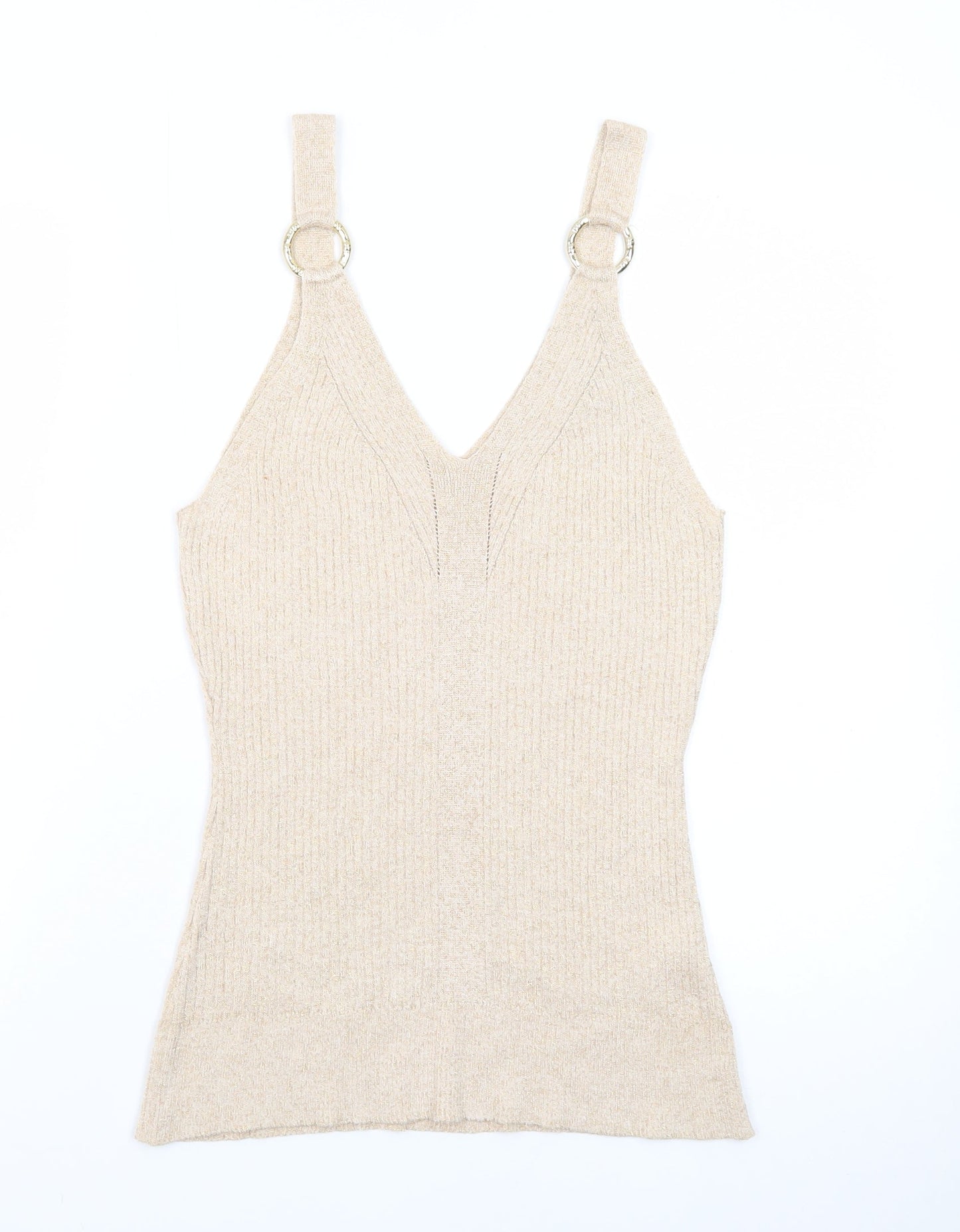 River Island Women’s Beige Knit Metallic V-Neck Camisole Tank Top Size 16